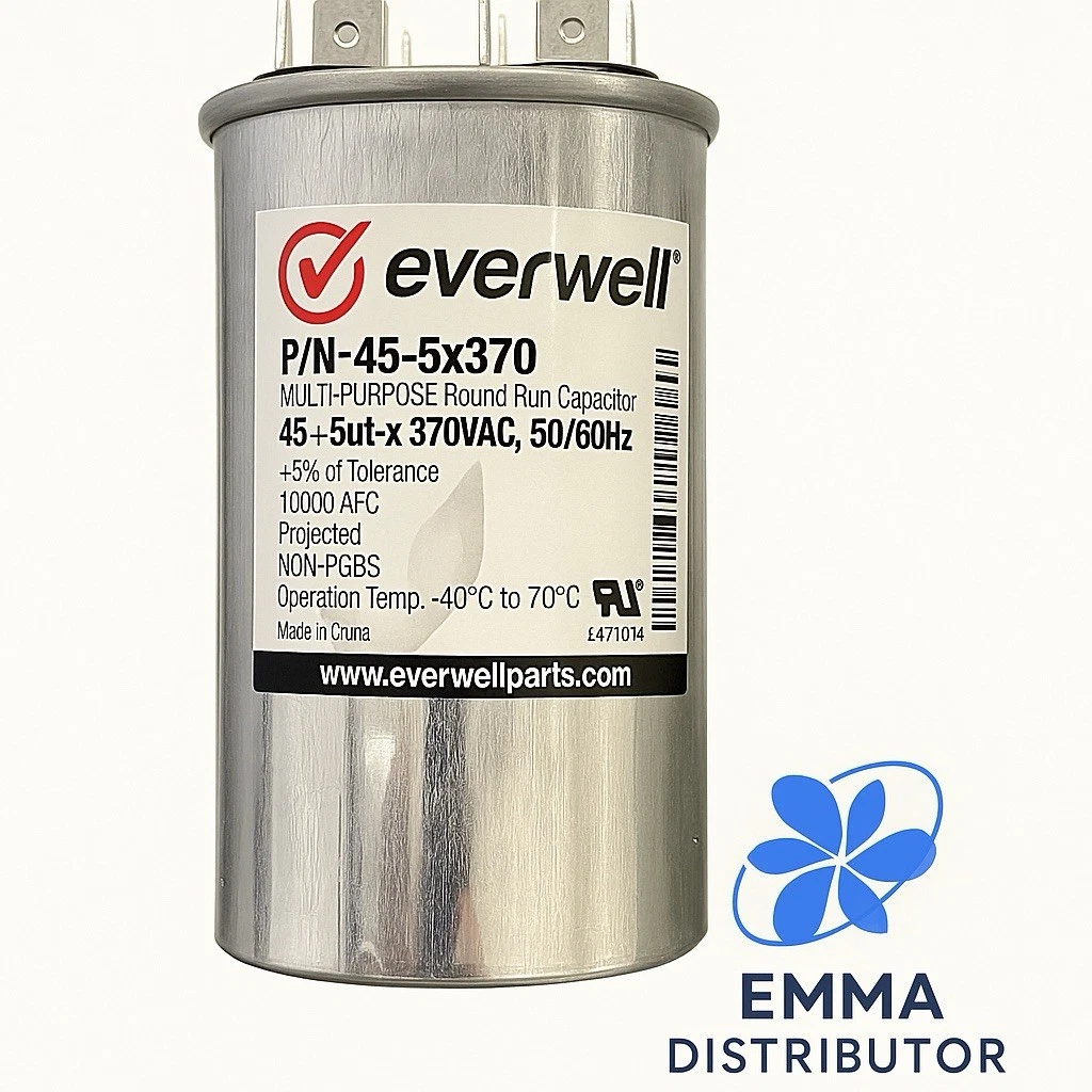 Motor Run Capacitor Dual 45+5 mfd x 370 VAC 50/60Hz Round Metallized