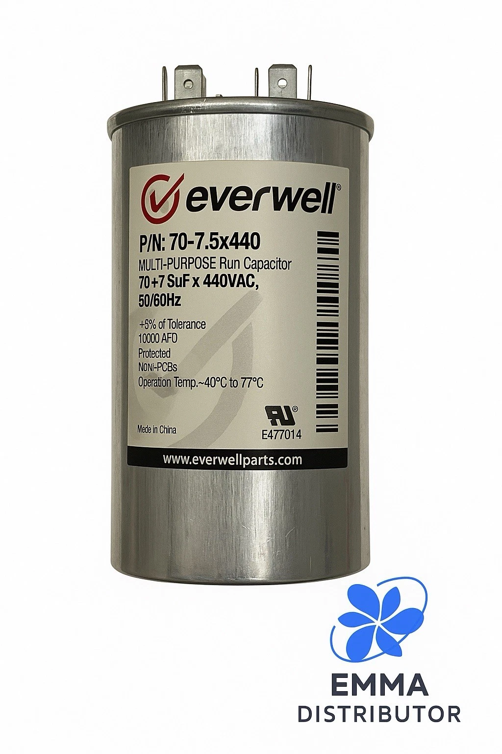 70+7.5uf x 440 VAC MULTI-PURPOSE RUN CAPACITOR, 50/60Hz ROUND TYPE .