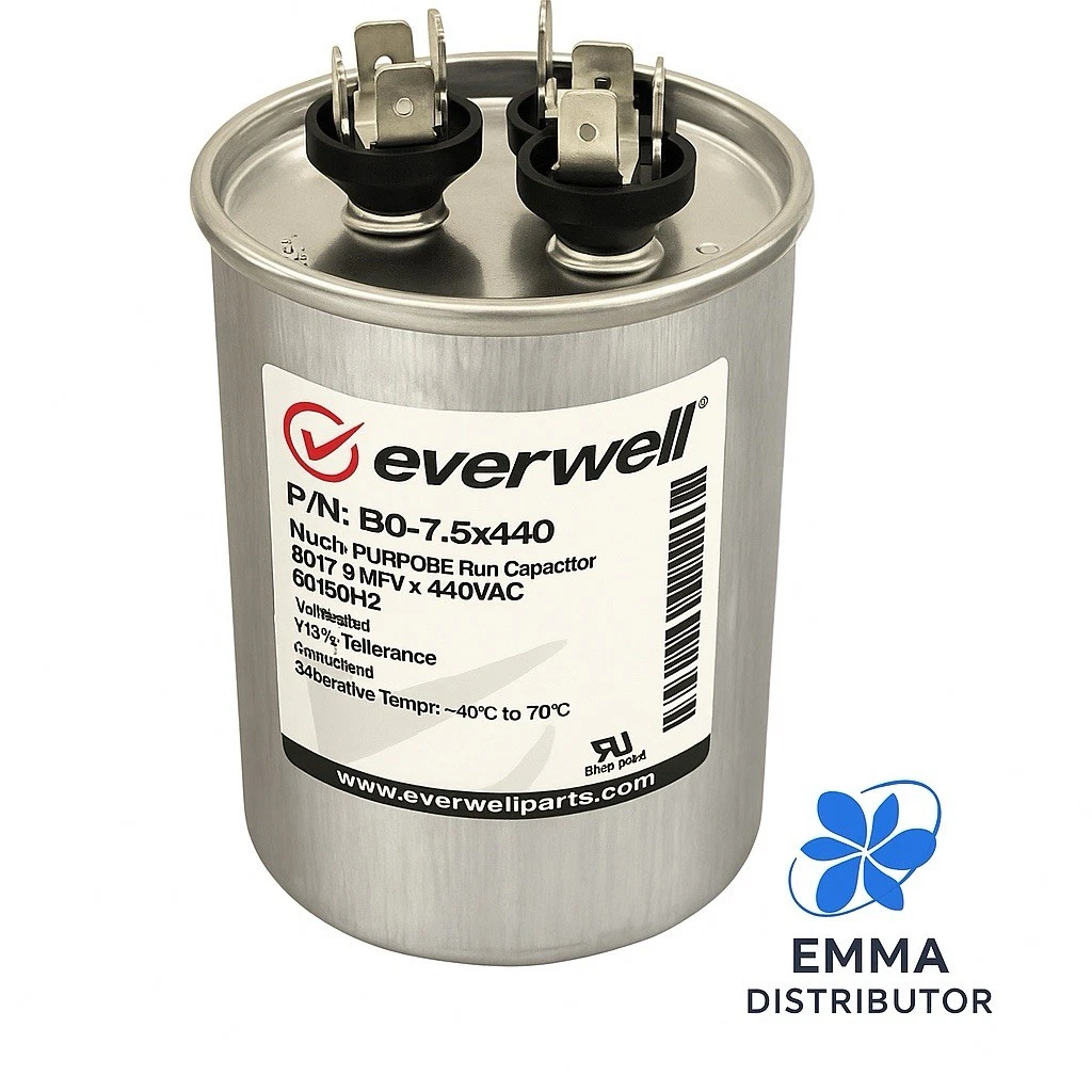 80+7.5uf x 440 VAC MULTI-PURPOSE RUN CAPACITOR, 50/60Hz ROUND TYPE