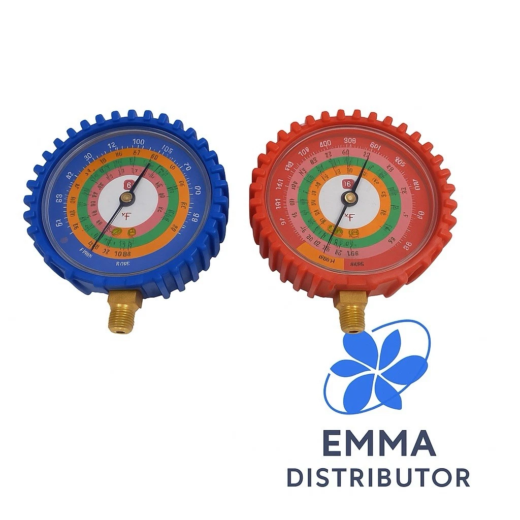 2 PCS, LOW AND HIGH - PRESSURE GAUGES FOR USE WITH DIFFERENT REFRIGERANTS.